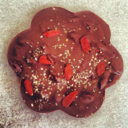 black chocolate with coji berries and chia seeds